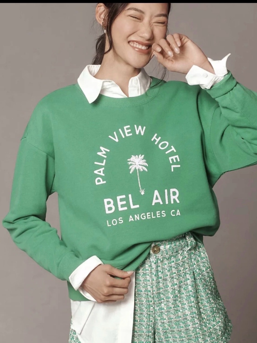 Anthropologie Maeve City Crew Sweatshirt Green Palm View Hotel Size XS